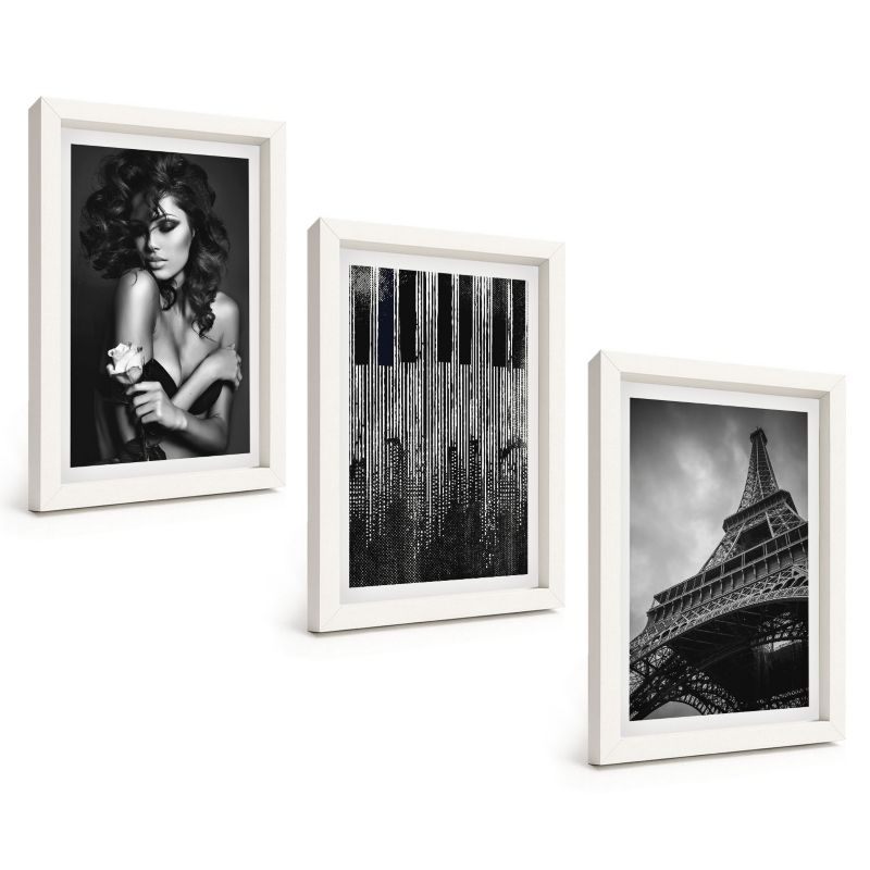 Zestaw Obrazów 3 Częściowy ArtPrintCave Białe Ramki 20x30 cm Dekoracja do Sypialni Portret kobiety z różą Eiffla 1 kpl.