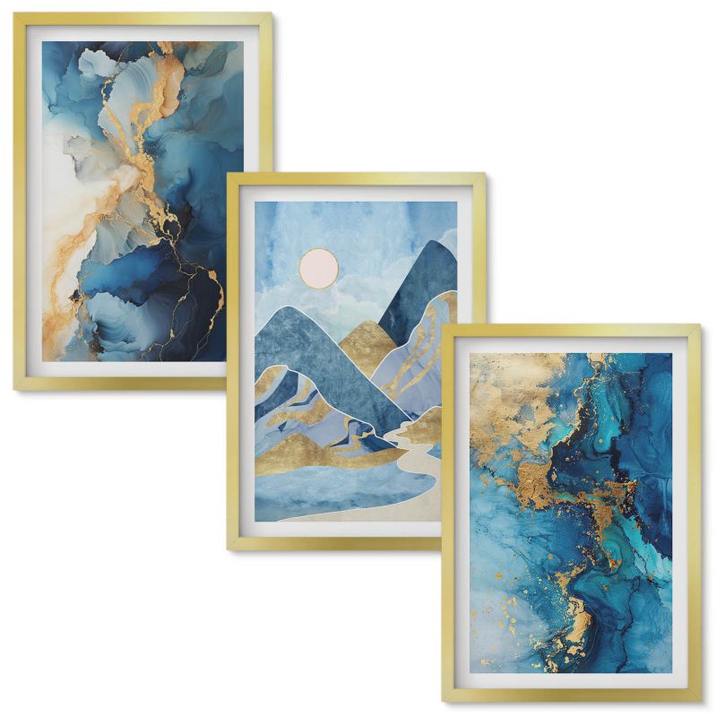Obrazy do Salonu Wallfluent Niebieskie góry abstrakcyjne wzory Złota rama 40x60 cm 3 szt.