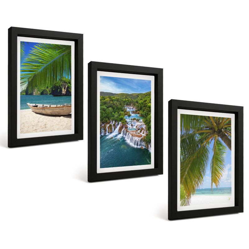 Zestaw Obrazów 3 Częściowy ArtPrintCave Czarne Ramki 20x30 cm Dekoracja do Sypialni Plaża łódź wodospady palmy 1 kpl.
