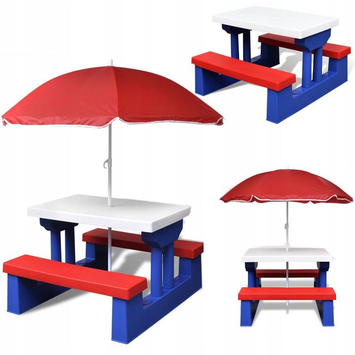 Stolik ogrodowy piknikowy dla dzieci Coil zestaw stół krzesła parasol niebieski 1 szt.
