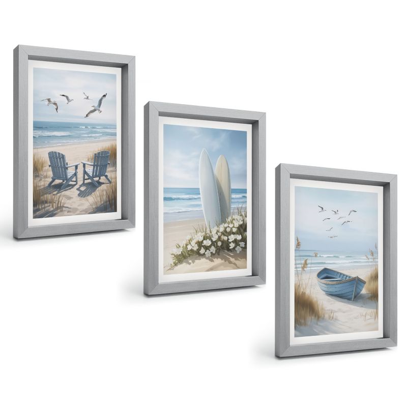 Zestaw Obrazów 3 Częściowy ArtPrintCave Srebrne Ramki 20x30 cm Dekoracja do Sypialni Plaża deski surfingowe ptaki 1 kpl.