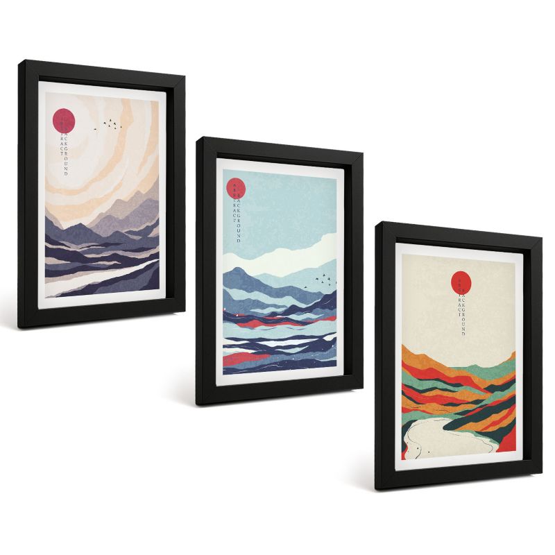 Zestaw Obrazów 3 Częściowy ArtPrintCave Czarne Ramki 20x30 cm Dekoracja do Sypialni Japońskie górskie abstrakcje 1 kpl.