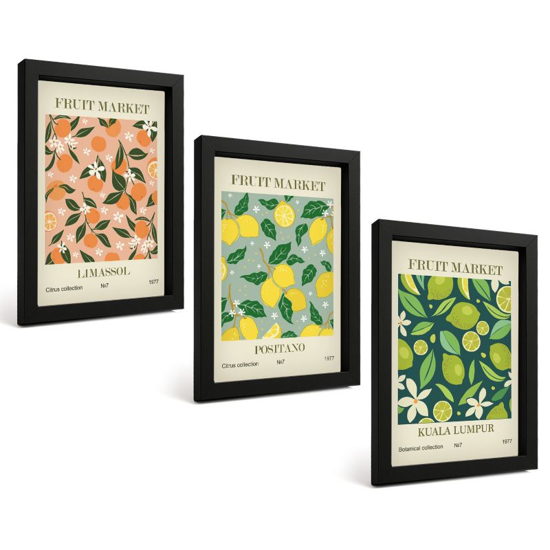 Zestaw Obrazów 3 Częściowy ArtPrintCave Czarne Ramki 20x30 cm Dekoracja do Sypialni Owocowe wzory cytrusy kwiaty 1 kpl.
