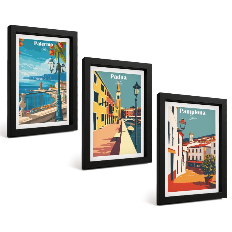 Zestaw Obrazów 3 Częściowy ArtPrintCave Czarne Ramki 20x30 cm Dekoracja do Sypialni Miasta retro ilustracje 1 kpl.