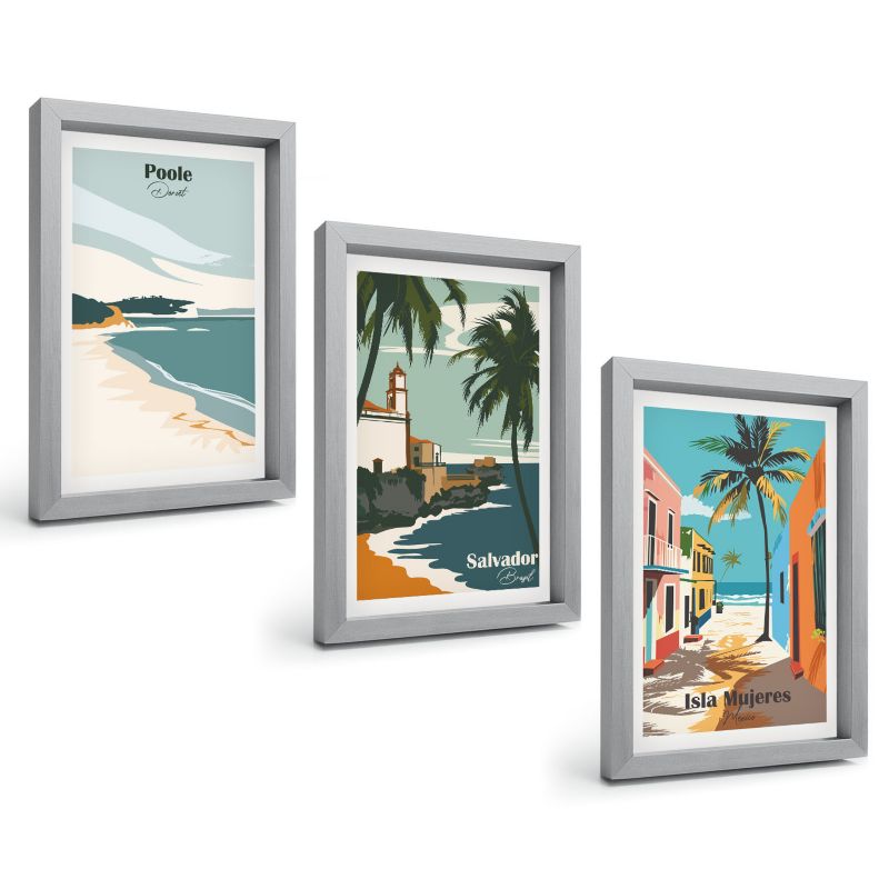 Zestaw Obrazów 3 Częściowy ArtPrintCave Srebrne Ramki 20x30 cm Dekoracja do Sypialni Tropikalne plaże i palmy 1 kpl.