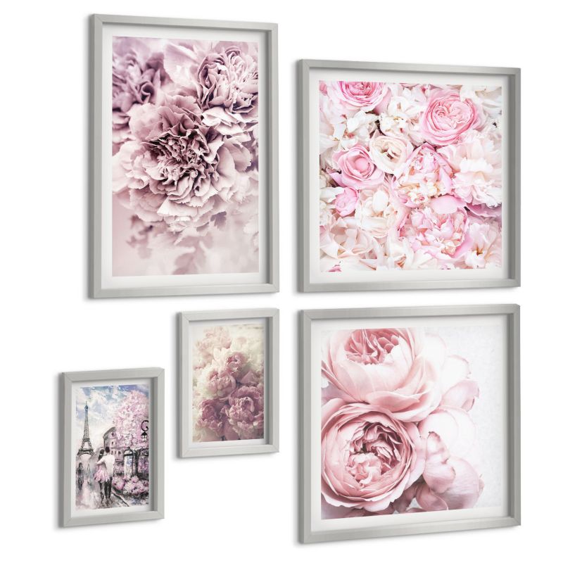 Zestaw Obrazów 5 Częściowy ArtPrintCave (2x50x50+2x20x30+40x60cm) Srebrna rama Kwiaty różowy krajobraz romantyczny 1 kpl.