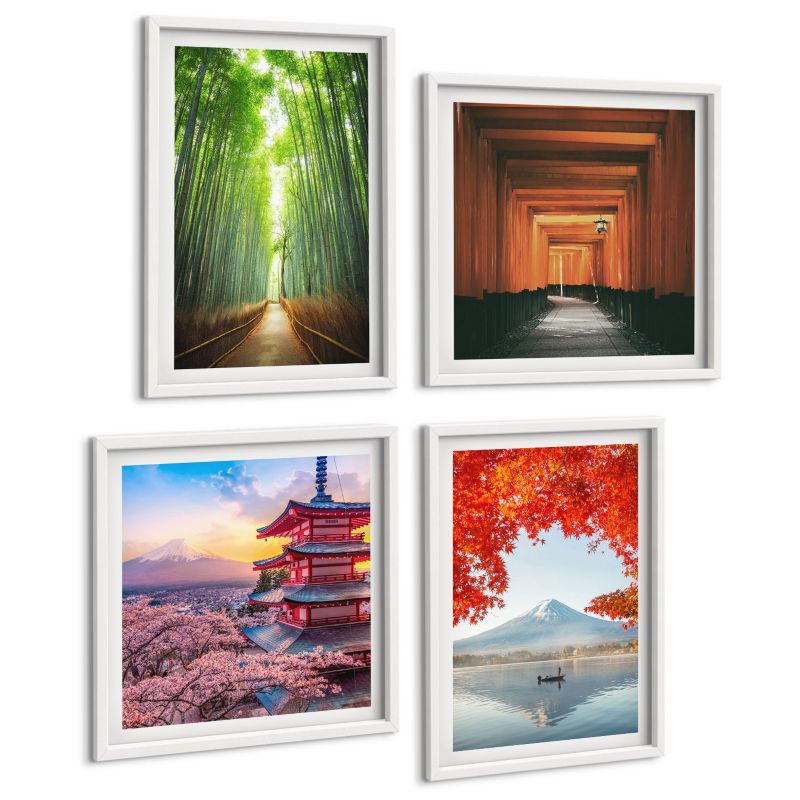 Czteroczęściowy Zestaw Obrazów ArtPrintCave (2x50x50+2x40x60cm) Biała rama Las bambusowy Fuji torii Japonia 1 kpl.