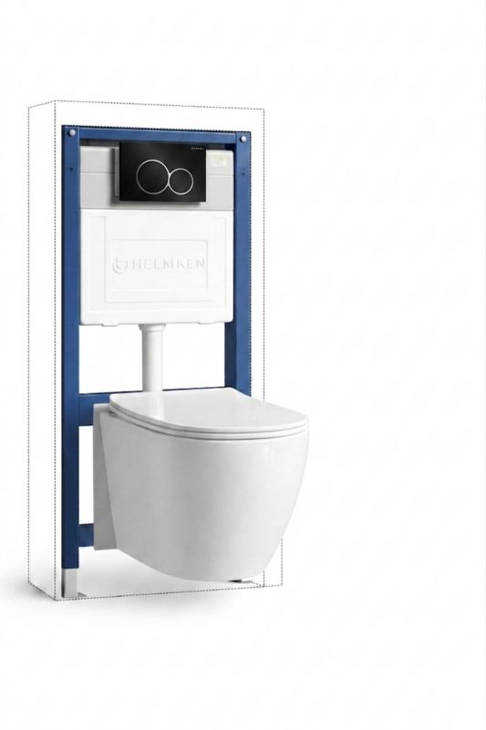 Zestaw podtynkowy WC Helmken 5w1: Przycisk Czarny Mat (E), Miska bezkołnierzowa Rimless 3549101, Deska wolnoopadająca, Mata, 1 szt