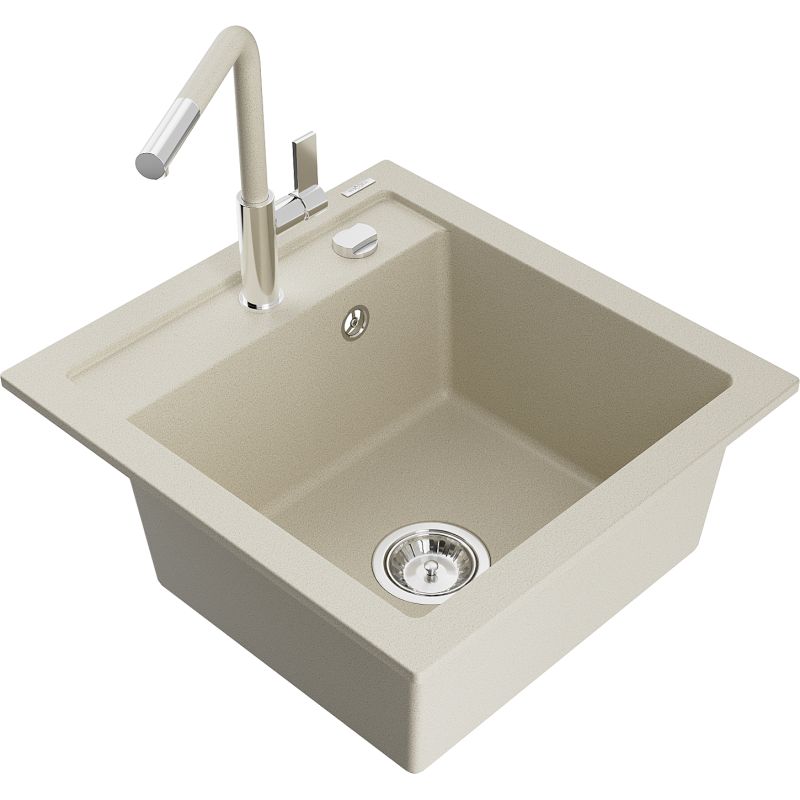 Zlewozmywak granitowy 1-komorowy Mexen Vito z baterią kuchenną Flora beżowy 6503-69-670401-09