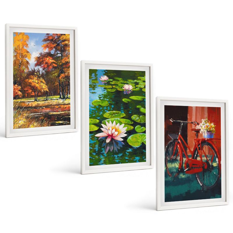 Komplet 3 Obrazów w Białej Ramie ArtPrintCave 40x60 cm Grafika Ścienna Kolory jesieni lilia taras 1 kpl.