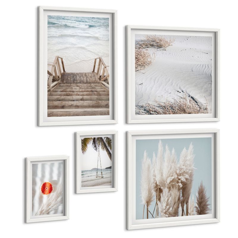 Pięcioczęściowy Zestaw Obrazów ArtPrintCave (2x50x50+2x20x30+40x60cm) Biała rama Plaża drewniane schody klimat 1 kpl.