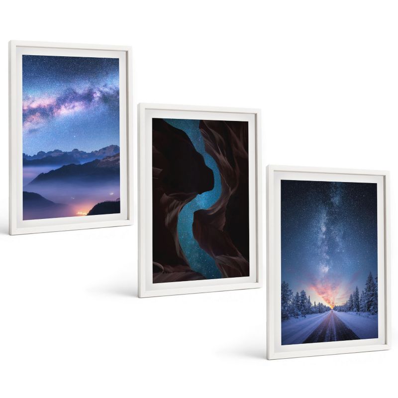 Trzyczęściowy Zestaw Obrazów ArtPrintCave 40x60 cm Biała rama Nocne niebo góry zimowy krajobraz 1 kpl.