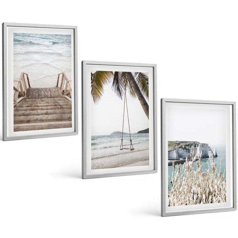 Galeria 3 Obrazów w Srebrnej Ramie ArtPrintCave 40x60 cm Komplet ścienny Plaża drewniane schody huśtawka 1 kpl.