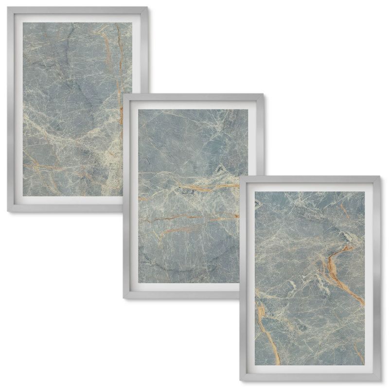 Zestaw obrazów Wallfluent Zielony marmur ozdobny kamień Srebrna rama 40x60 cm 3 szt.