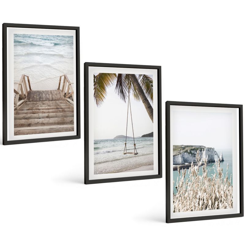 Galeria 3 Obrazów w Czarnej Ramie ArtPrintCave 40x60 cm Komplet ścienny Plaża drewniane schody huśtawka 1 kpl.