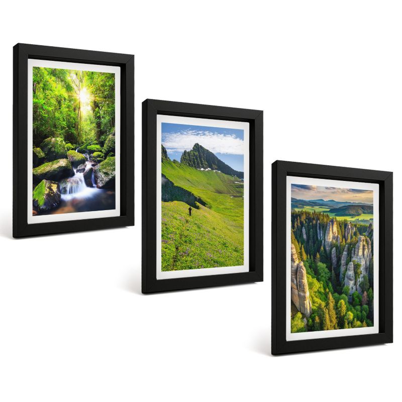 Galeria 3 Obrazów w Czarnej Ramie ArtPrintCave 20x30 cm Komplet ścienny Zielone góry wodospad las 1 kpl.