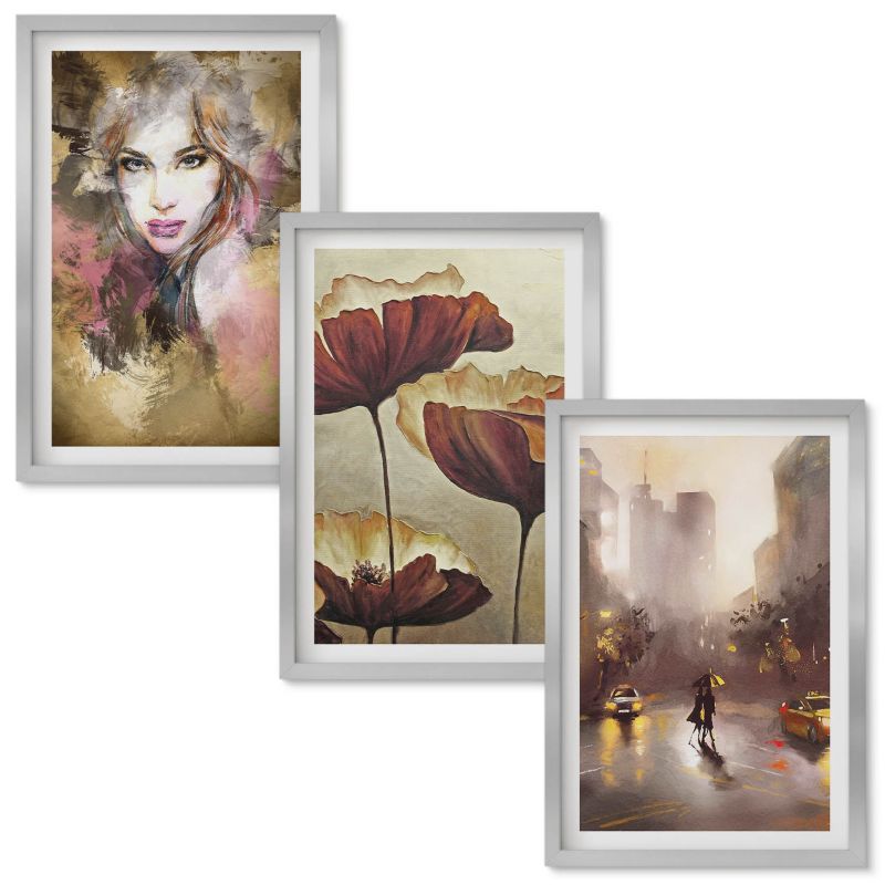 Set Obrazów w Ramie Wallfluent Abstrakcyjny portret kobiety kwiaty deszcz Srebrna rama 40x60 cm 3 szt.