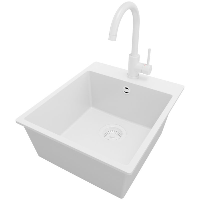 Zlewozmywak Granitowy Ryga PRIMAGRAN Nablatowy 43x50cm do Szafki od 45cm, Cały Biały + Bateria 32x20cm + Syfon, S138, 1 szt.
