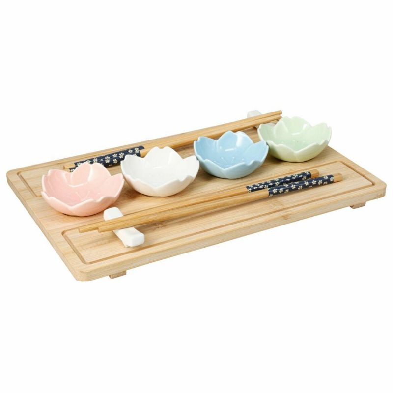 Zestaw HowHomely do sushi z bambusową tacą i porcelanowymi miseczkami 9 el.