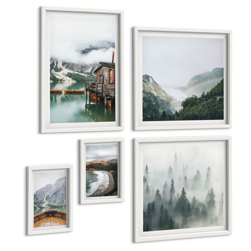 Zestaw Obrazów 5 Częściowy ArtPrintCave (2x50x50+2x20x30+40x60cm) Biała rama Góry jezioro łódź mgła plaża 1 kpl.