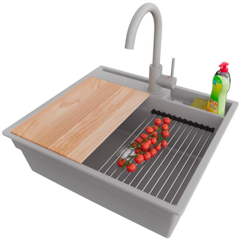 Zlewozmywak Granitowy Oslo Pocket PRIMAGRAN Nablatowy 58x53cm do Szafki od 60cm, Szary + Bateria 32x20cm + Syfon, S283, 1 szt.