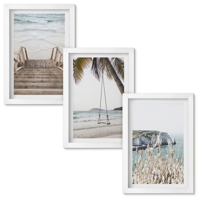 Zestaw Obrazów w Ramie Wallfluent Plaża drewniane schody huśtawka Biała rama 20x30cm 3 szt.