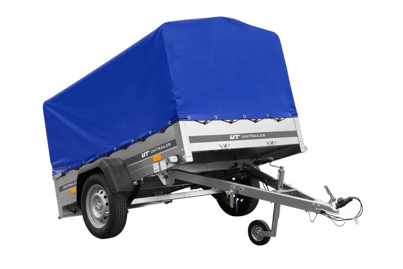 Przyczepka jednoosiowa Unitrailer GARDEN 201/R KIPP na resorach 200x125 ze stelażem H-800 i plandeką niebieską 1 szt.