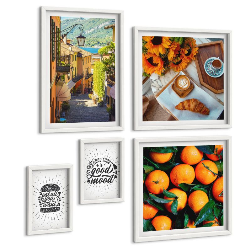 Zestaw 5 Obrazów ArtPrintCave (2x50x50+2x20x30+40x60cm) Biała rama Kuchnia soczyste pomarańcze 1 kpl.