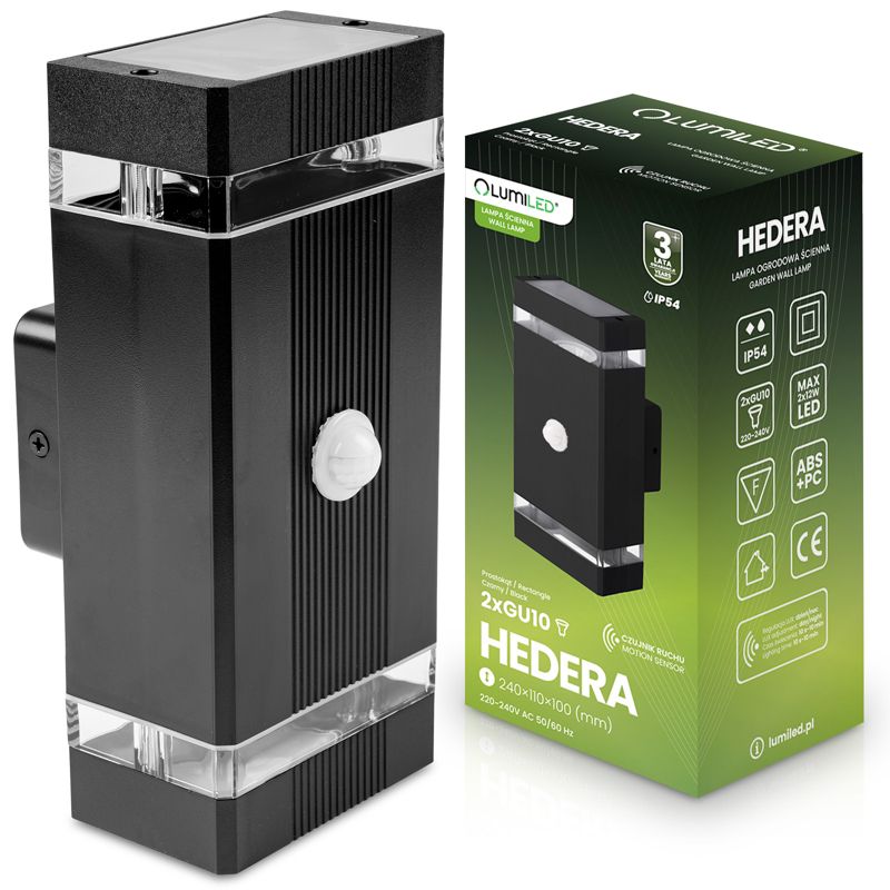 Lampa Ogrodowa Lumiled Kinkiet Elewacyjny 2x GU10 Czarny Czujnik Ruchu i Zmierzchu IP54 1 szt