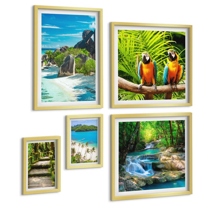 Komplet 5 Obrazów ArtPrintCave (2x50x50+2x20x30+40x60cm) Złota rama Plaża łódź wodospady palmy 1 kpl.