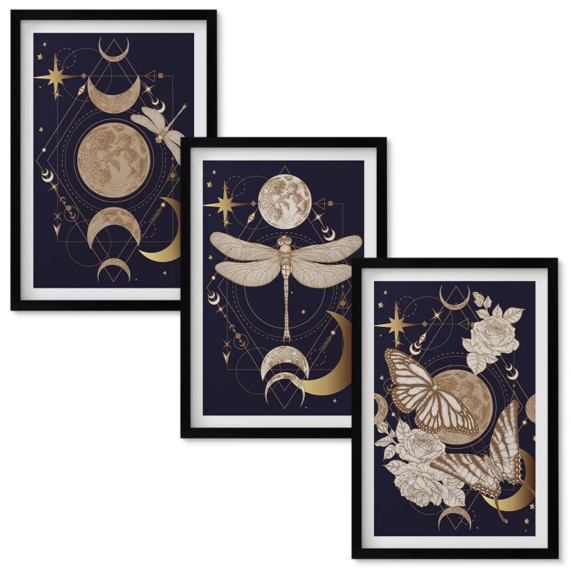 Tryptyk w Ramie Wallfluent Motywy przyrody księżyc kwiaty Czarna rama 40x60 cm 3 szt.