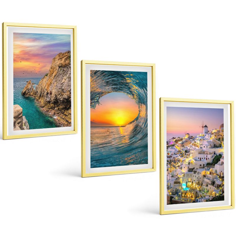 Galeria 3 Obrazów w Złotej Ramie ArtPrintCave 40x60 cm Komplet ścienny Morze fale Złote domy Santorini 1 kpl.