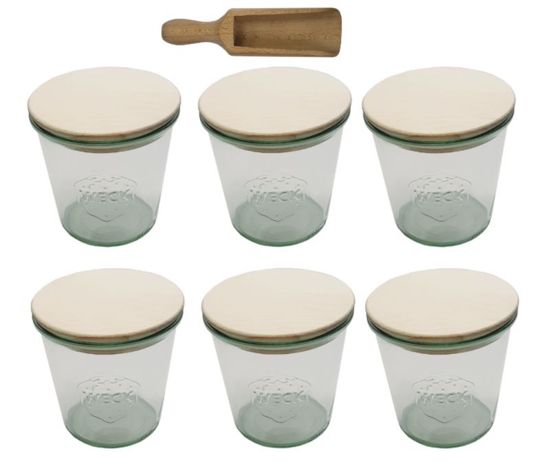 Słoiki MODO24 Weck 580 ml fi 100 mold drewniane wieka miarka 6 kpl.