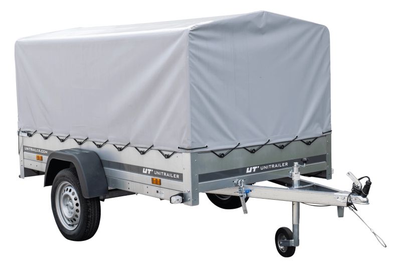Przyczepka jednoosiowa Unitrailer na resorach 230x125 GARDEN 230/R KIPP ze stelażem H-800 i plandeką szarą 1 szt.