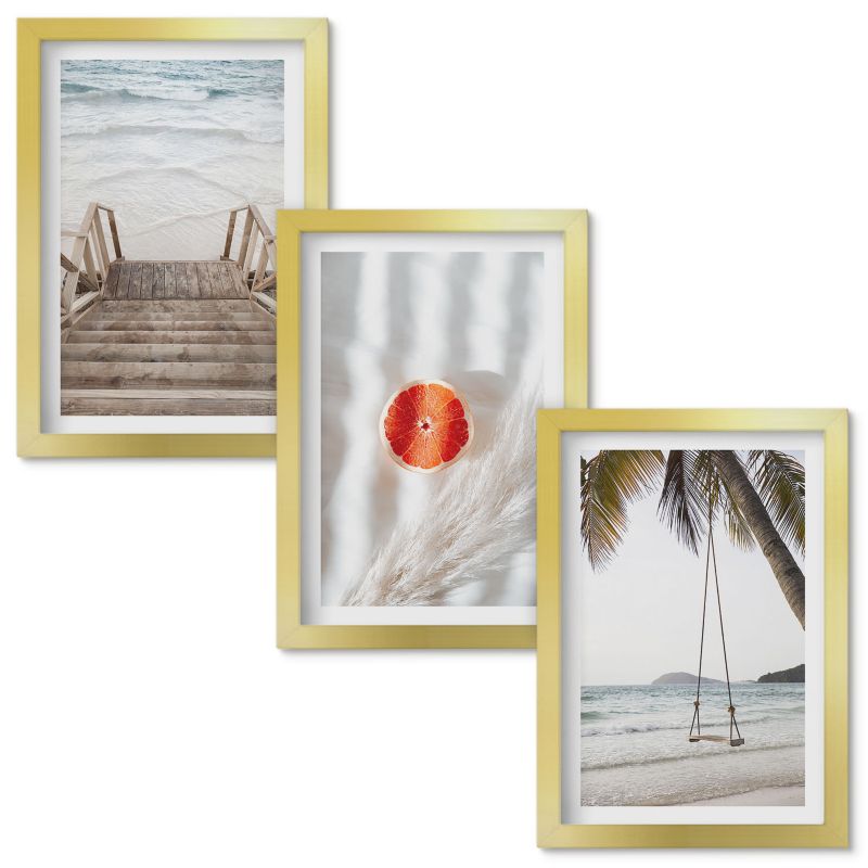 Obrazy do Salonu Wallfluent Plaża drewniane schody wakacje Złota rama 20x30cm 3 szt.