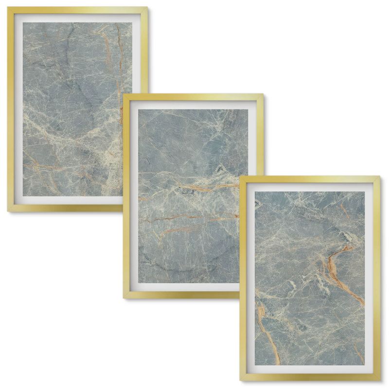 Zestaw obrazów Wallfluent Zielony marmur ozdobny kamień Złota rama 40x60 cm 3 szt.