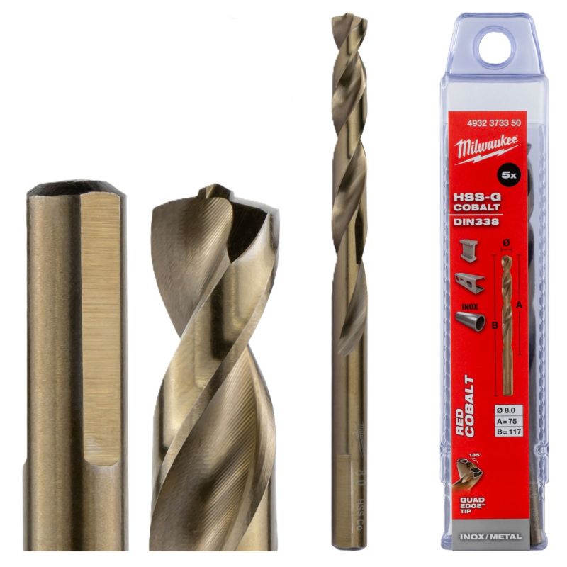 Wiertła do metalu Milwaukee HSS-G Cobalt średnica 8 mm długość 117 mm 5szt