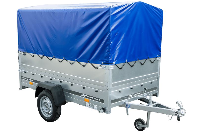 Przyczepka jednoosiowa Unitrailer na resorach 230x125 GARDEN 230/R KIPP z burtami BIS stelażem H-800 i pokrowcem niebieskim 1 szt.