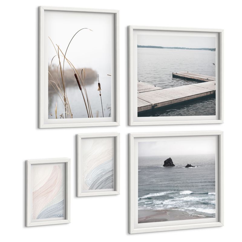 Zestaw 5 Obrazów ArtPrintCave (2x50x50+2x20x30+40x60cm) Biała rama Abstrakcyjne fale pastelowe 1 kpl.