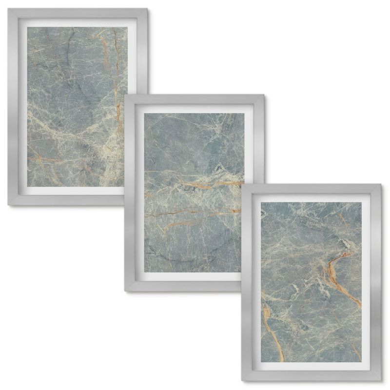 Zestaw obrazów Wallfluent Zielony marmur ozdobny kamień Srebrna rama 20x30cm 3 szt.