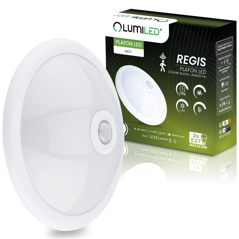 Plafon Lumiled Lampa Sufitowa Łazienkowy Plafon LED 2x E27 IP44 z Czujnikiem Ruchu i Zmierzchu Biały Okrągły 30cm 1 szt.