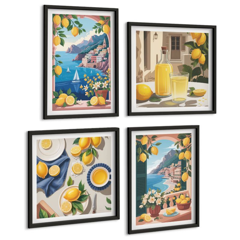 Galeria 4 Obrazów ArtPrintCave (2x50x50+2x40x60cm) Czarna rama Morze okno włoskie cytryny 1 kpl.