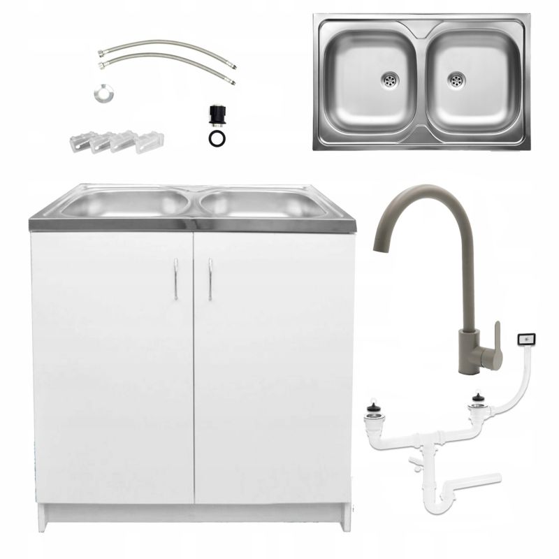 Szafka Kuchenna Stamar Biała 800x500 mm Zlew 2 Komory Bateria Wysoka Oliwka Syfon 1 szt