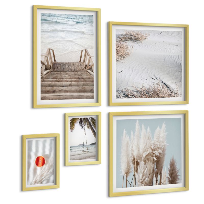Pięcioczęściowy Zestaw Obrazów ArtPrintCave (2x50x50+2x20x30+40x60cm) Złota rama Plaża drewniane schody klimat 1 kpl.