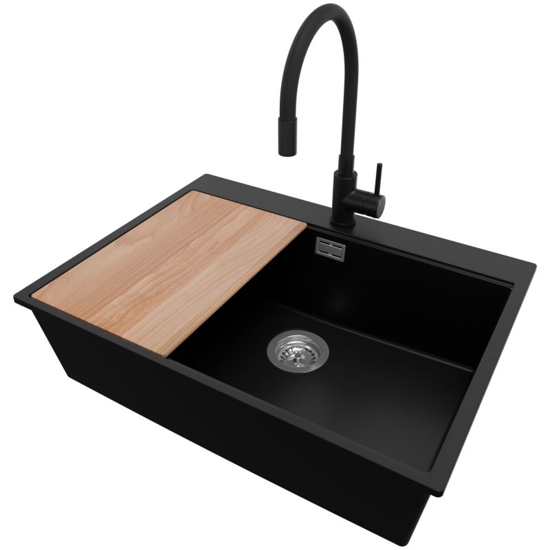 Zlew Granitowy Narożny Oslo Top PRIMAGRAN Nablatowy 68x50cm do Szafki od 70cm, Czarny + Bateria + Syfon + Deska, S513, 1 szt.