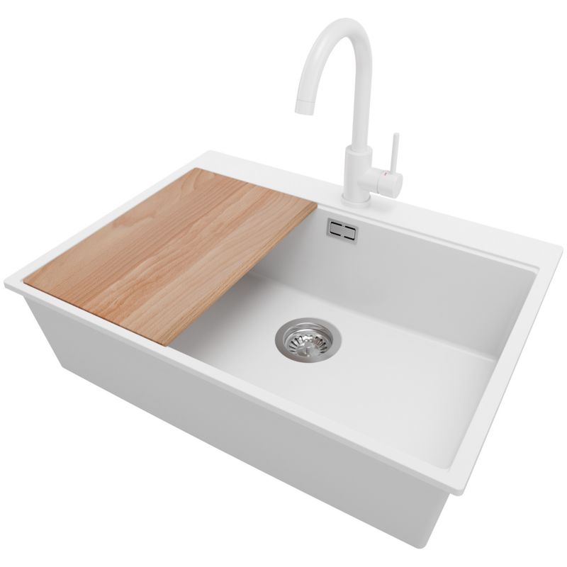 Zlew Granitowy Narożny Oslo Top PRIMAGRAN Nablatowy 68x50cm do Szafki od 70cm, Biały + Bateria + Syfon + Deska, S503, 1 szt.