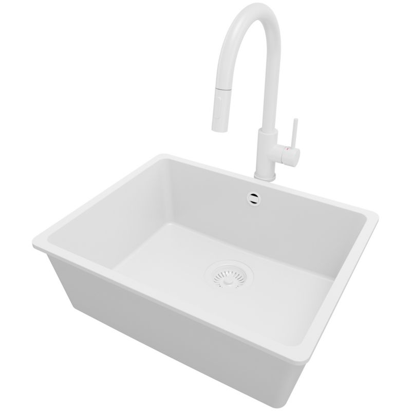 Zlew Granitowy Narożny Wenecja Easy Slim PRIMAGRAN Nablatowy 56x44cm, Cały Biały + Bateria + Syfon, S082, 1 szt.