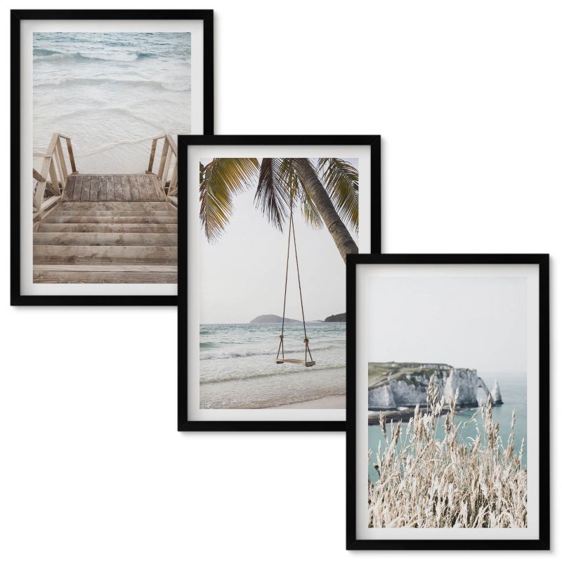 Zestaw Obrazów w Ramie Wallfluent Plaża drewniane schody huśtawka Czarna rama 40x60 cm 3 szt.