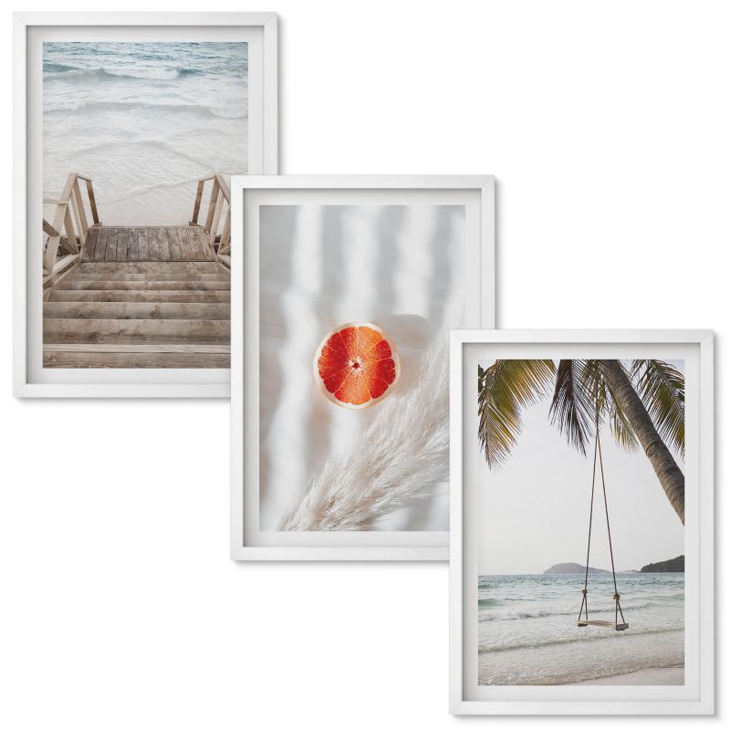 Obrazy do Salonu Wallfluent Plaża drewniane schody wakacje Biała rama 40x60 cm 3 szt.