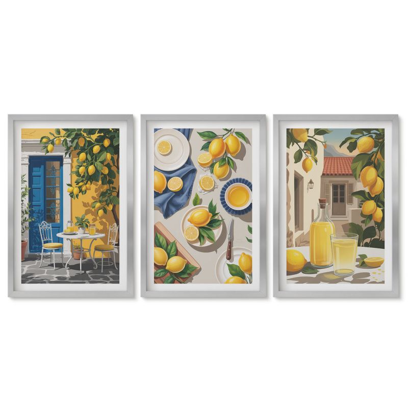 Trzy obrazy w srebrnej ramie zestaw Tulup 40x60 cm Cytrynowy ogród z napojami Dekoracja ścienna do przedpokoju 1 kpl